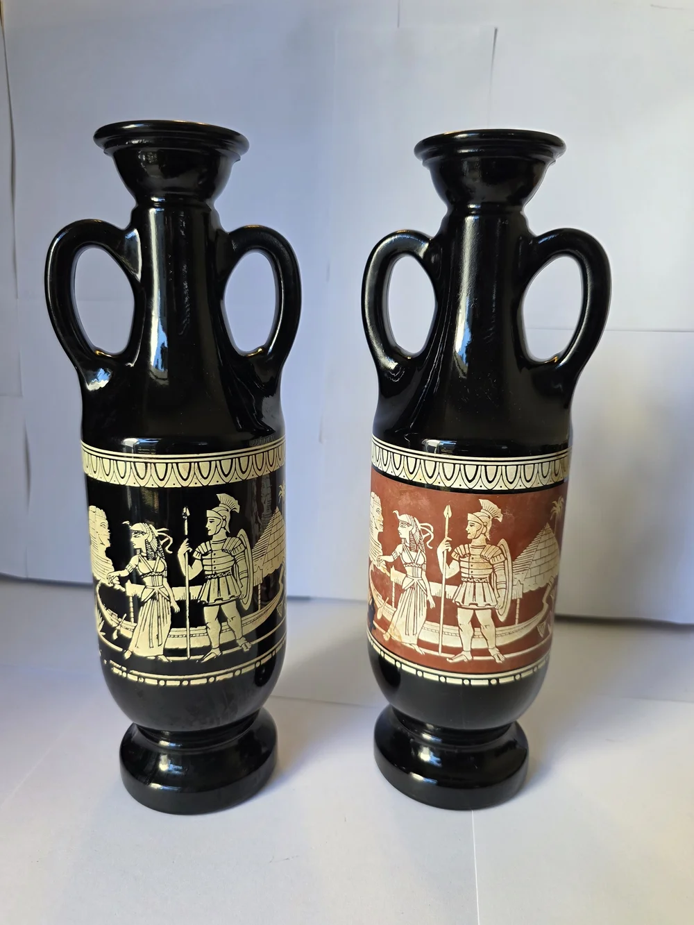 Vintage 1962 Jim Beam Egyptian Cleopatra Decanter Pair Black Ceramic Urns